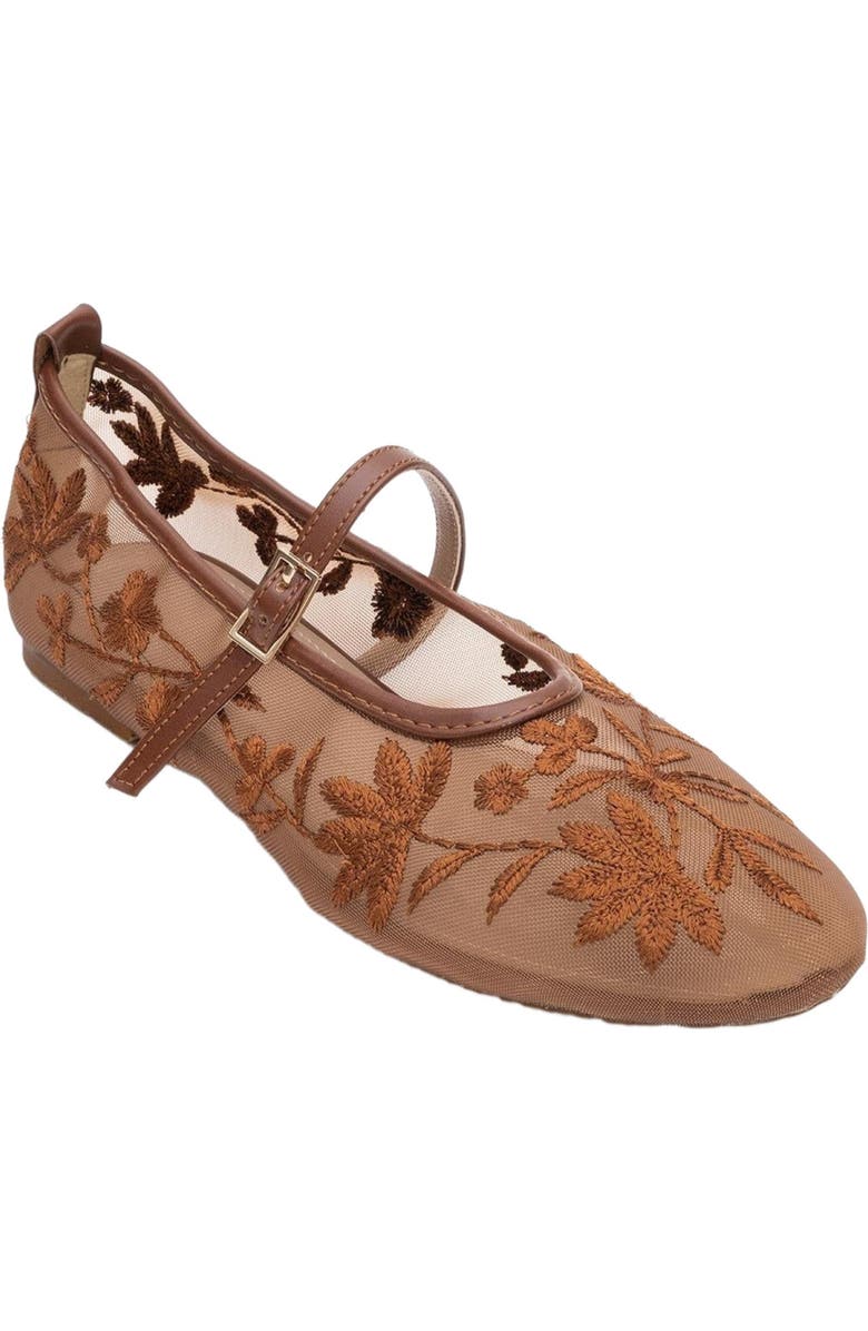 Prologue Shoes Juny Mesh Floral Embroidery Ballet Flat, Main, color, Cognac Faux Leather