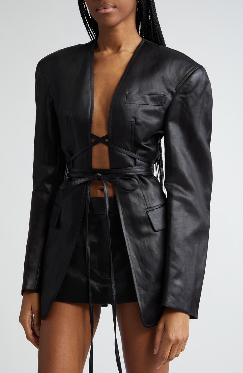 Alexander Wang Belt Strapped Open Front Linen Blend Blazer, Alternate, color, 