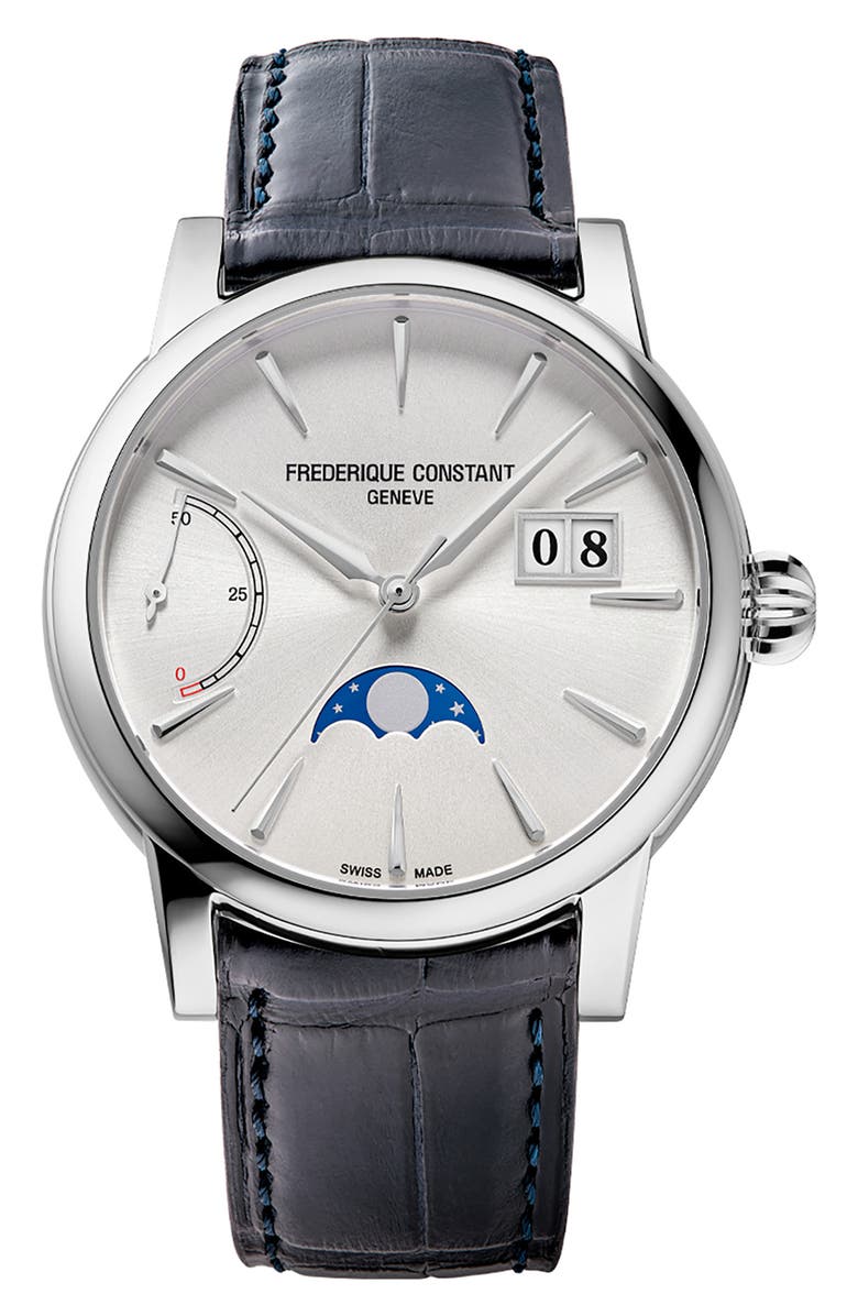 FREDERIQUE CONSTANT Classic Manufacture Power Reserve Big Date Automatic Leather Strap Watch, 40mm, Main, color, Silver-Tone