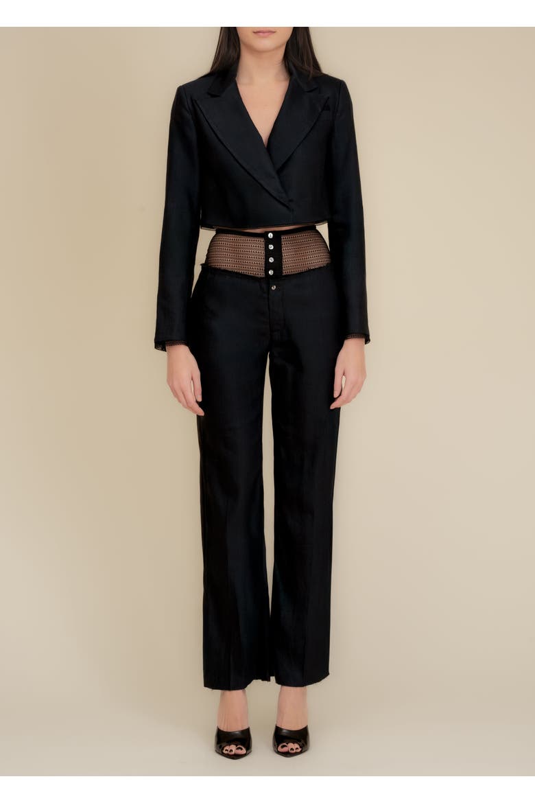 Morgaine Cropped Linen Lace-Trim Blazer, Alternate, color, Black