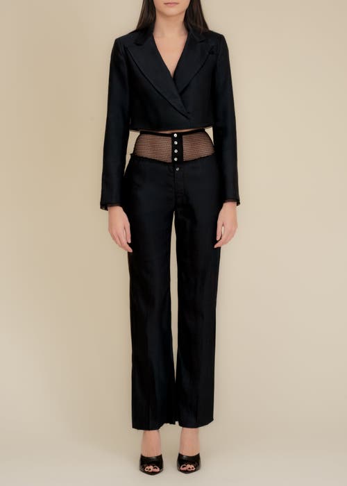 Contessa Mills Morgaine Cropped Linen Lace-trim Blazer In Blue