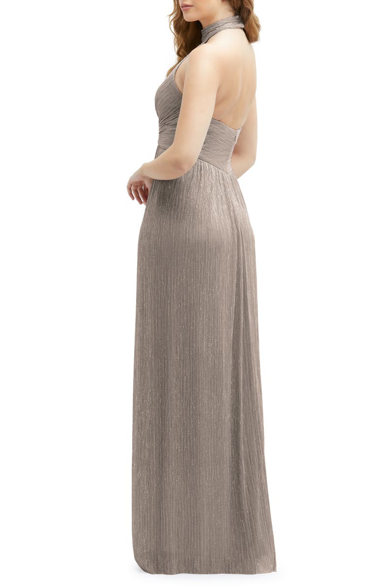 After Six Metallic Pleated Halter Column Gown, Alternate, color, Taupe Metallic