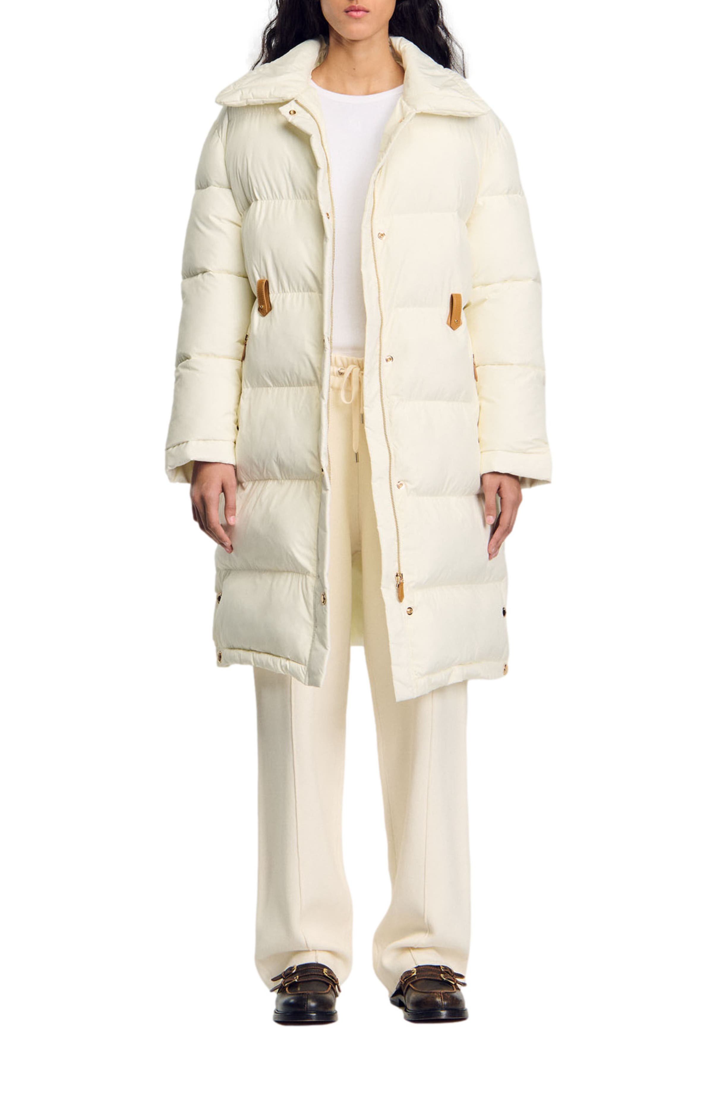 SANDRO Quilted mid-length puffer jacket in Ecru 