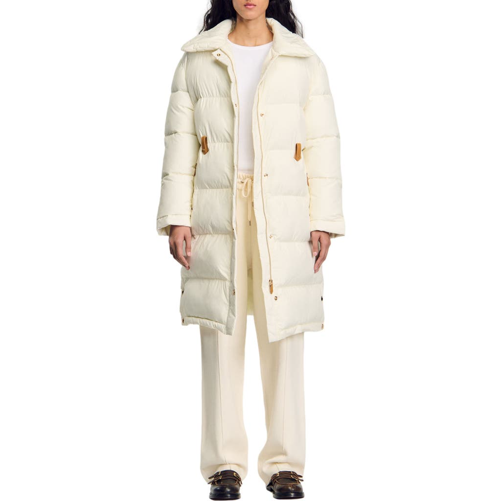 SANDRO Quilted mid-length puffer jacket in Ecru