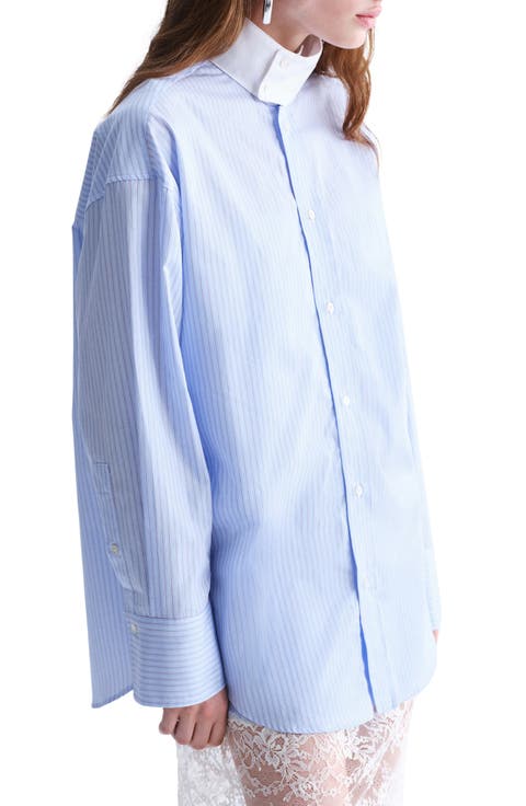Stand Collar Poplin Button-Up Shirt