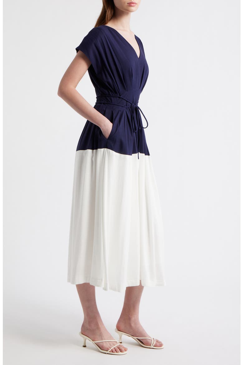 Colorblock Pleat Tie Belt Dress, Alternate, color, NAVY