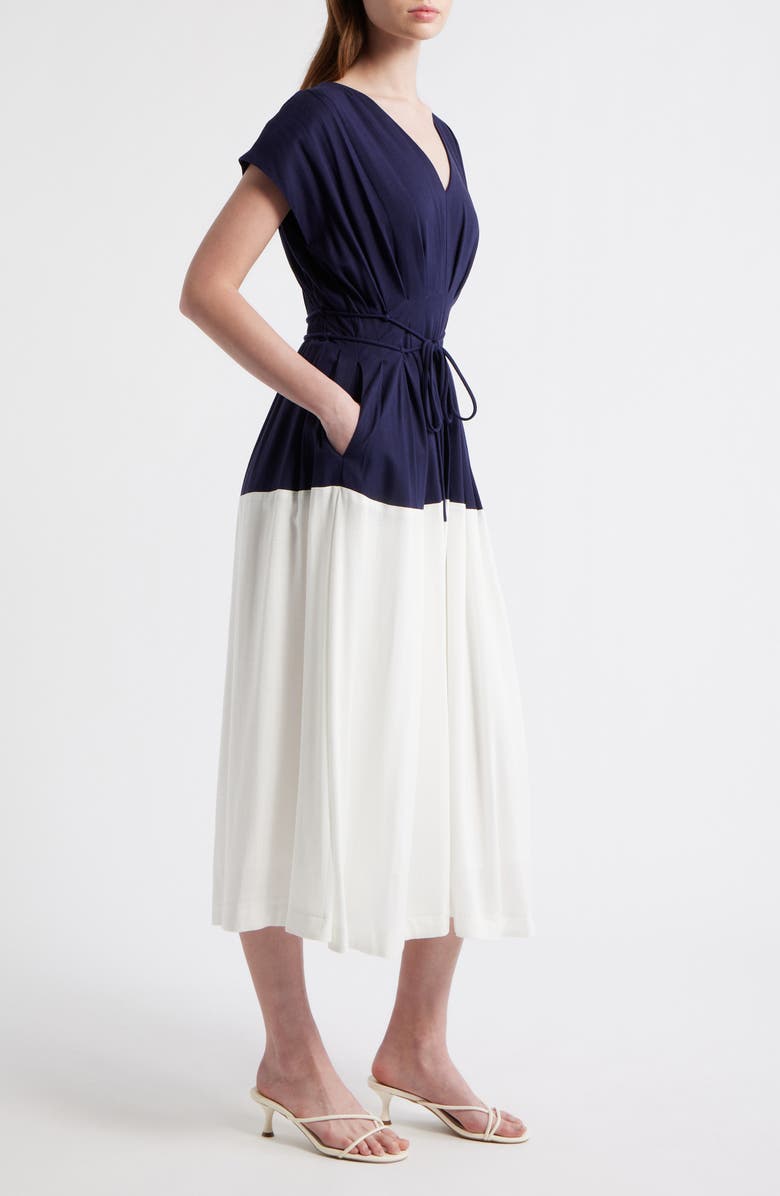ZOE AND CLAIRE Colorblock Pleat Tie Belt Dress, Alternate, color, Navy