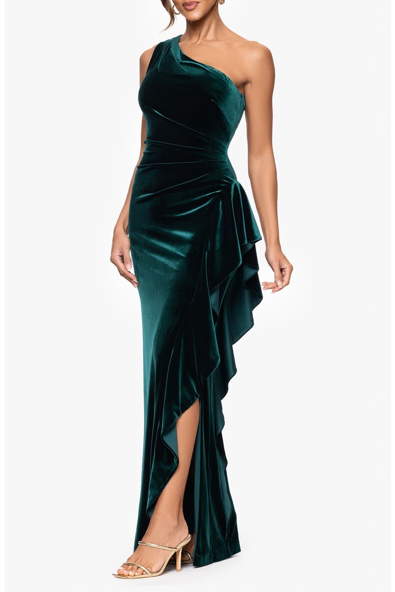 One-Shoulder Ruffle Stretch Velvet Gown, Alternate, color, HUNTER