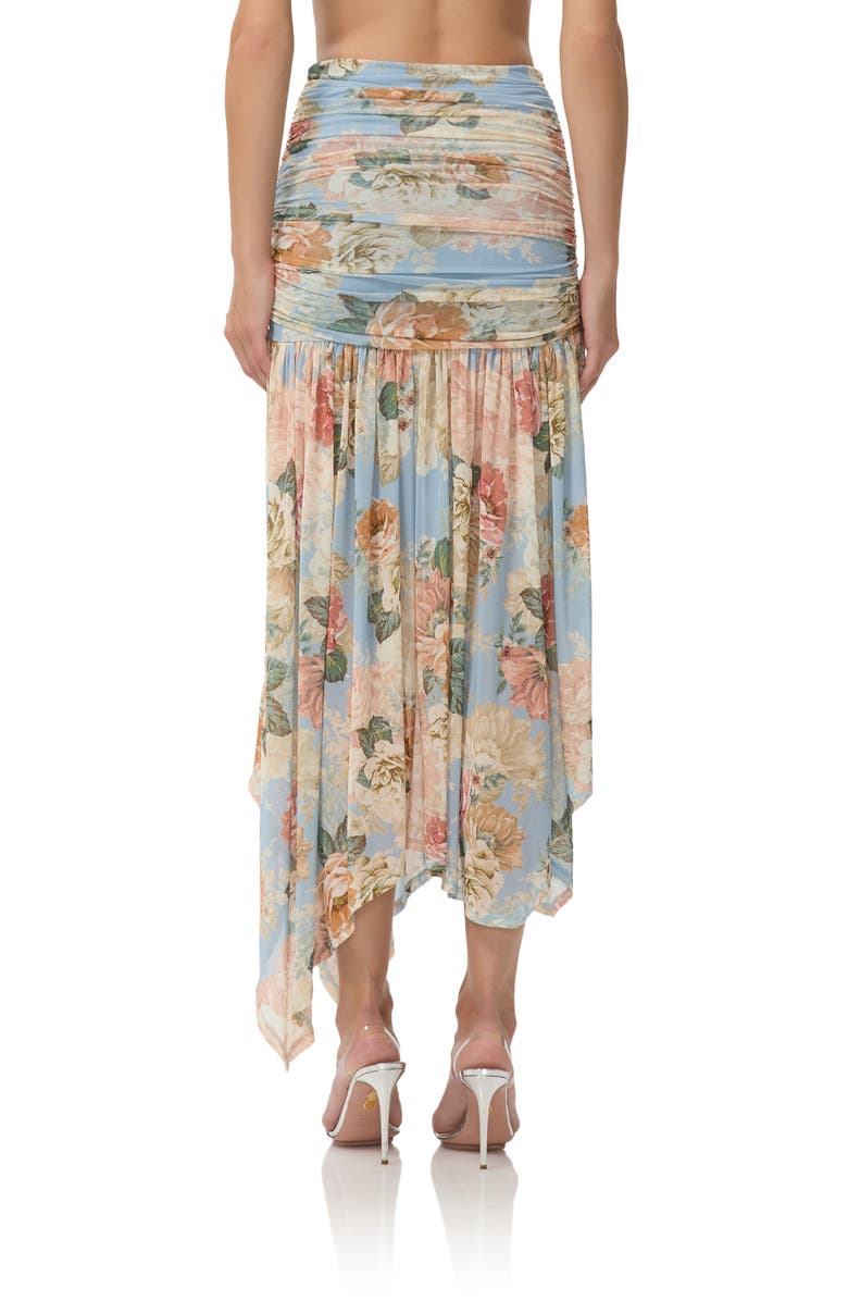 AFRM Estella Ruched Handkerchief Hem Midi Skirt, Alternate, color, Soft Slate Bloom