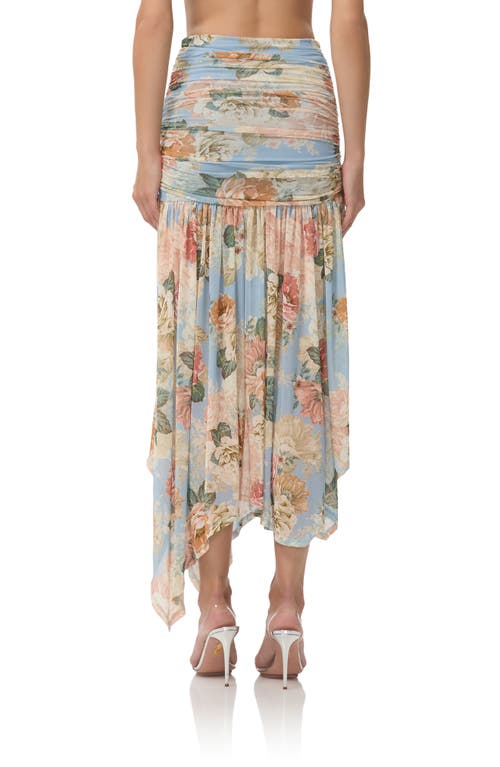 Afrm Estella Ruched Handkerchief Hem Midi Skirt In Blue