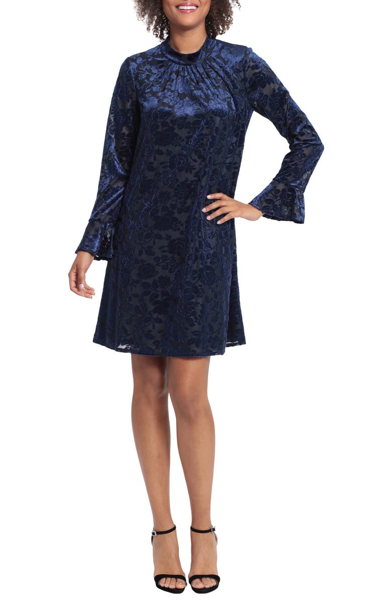 London Times Velvet Long Sleeve Dress, Main, color, Black/ Navy