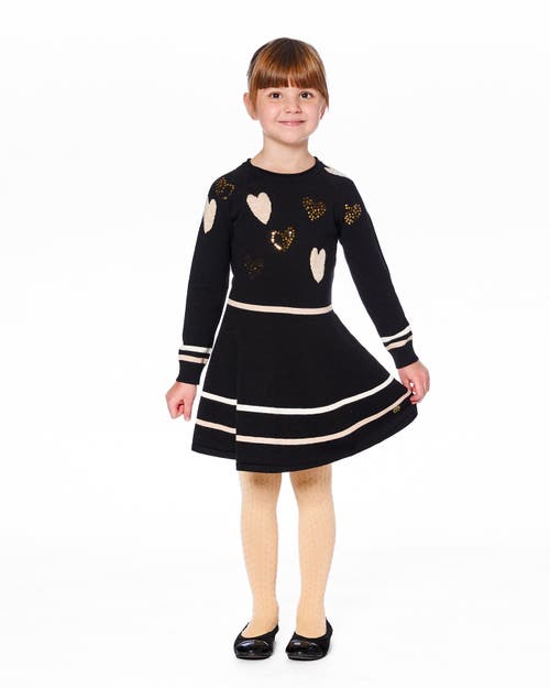 Deux Par Deux Knit Dress With Glittery Heart Motifs In Black