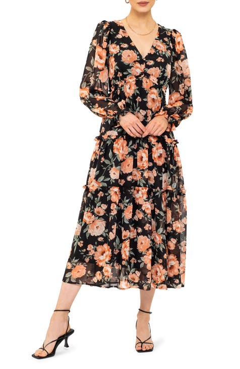 Floral Long Sleeve Empire Waist Midi Dress