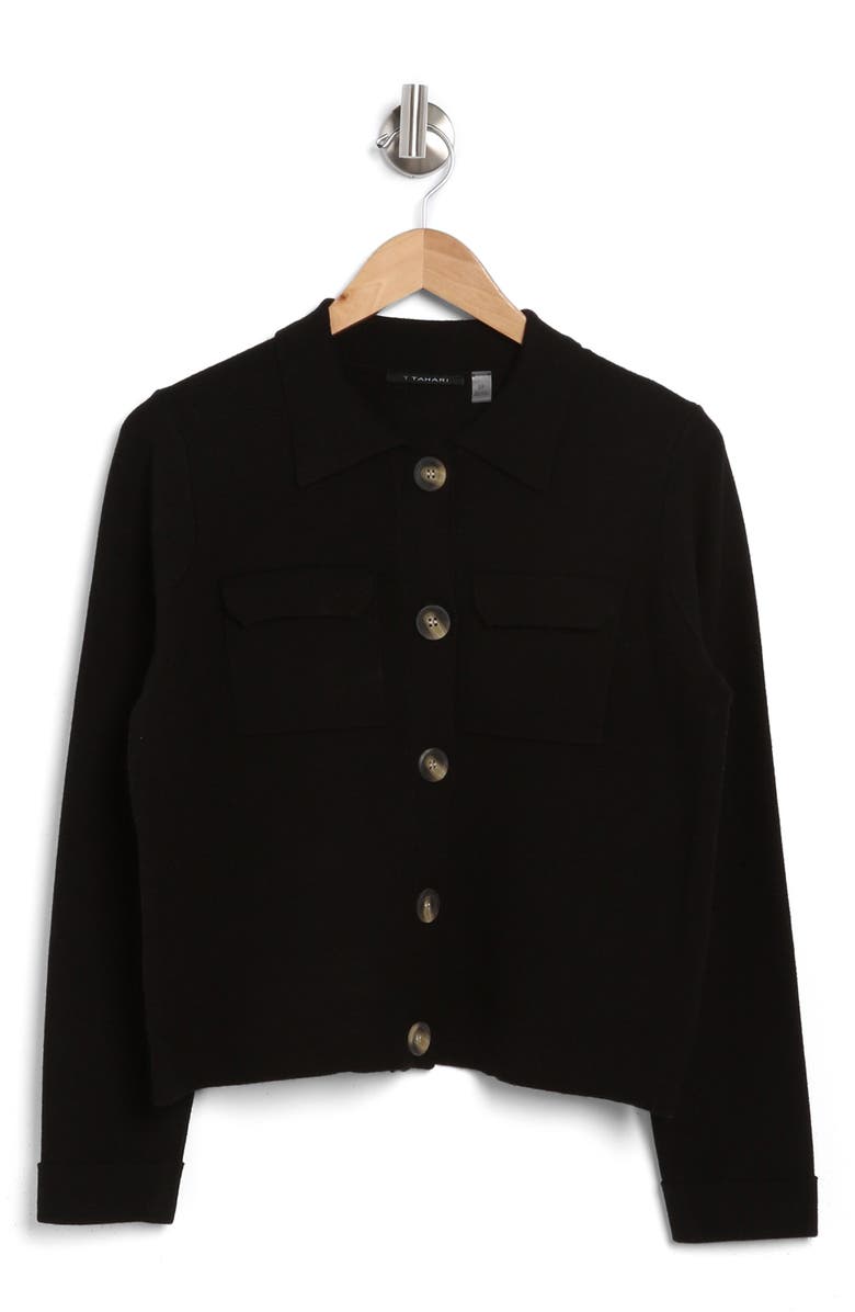 T Tahari Collar Button Front Cardigan, Alternate, color, Black