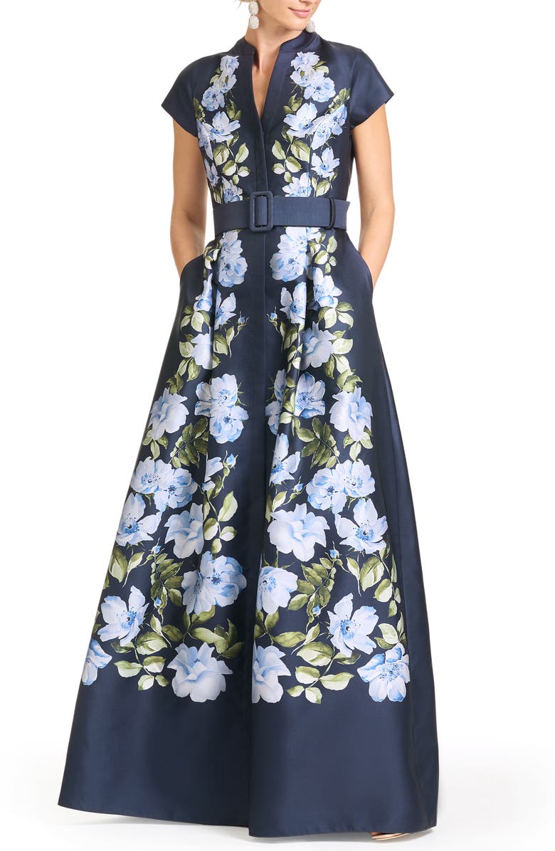 Sachin & Babi Marta Placed Floral Mikado Gown, Main, color, Floral Fresco