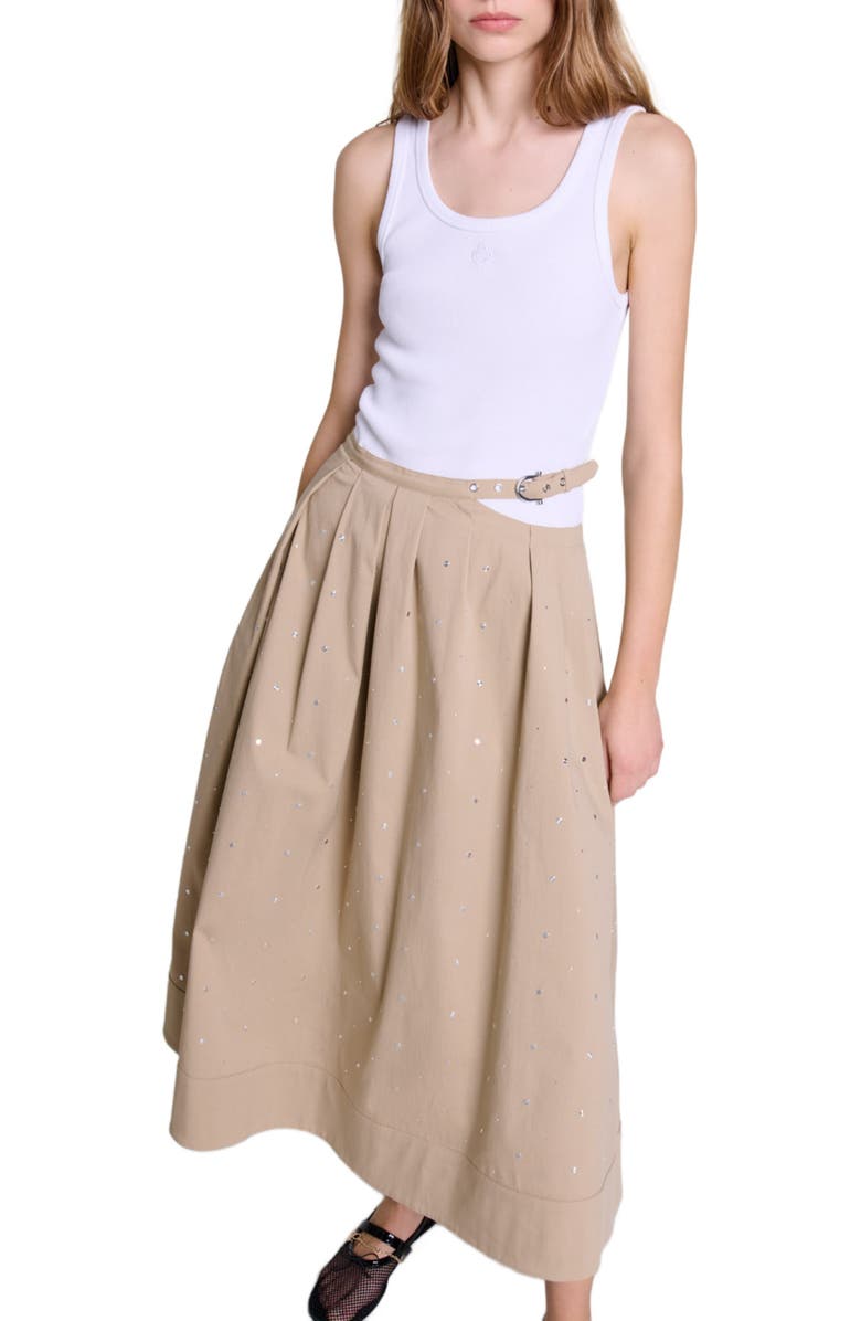 maje Long studded cotton skirt, Main, color, 