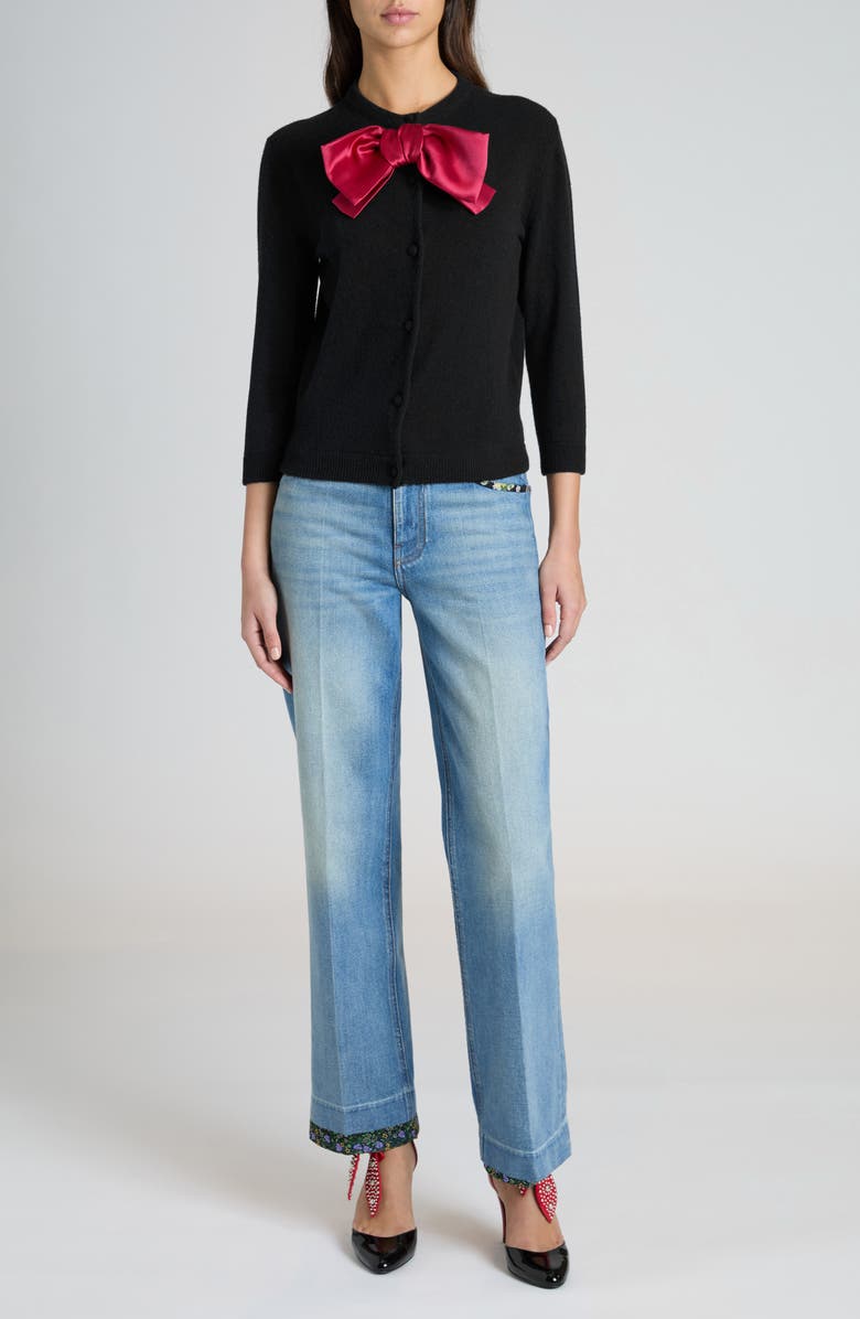 Valentino Garavani Satin Bow Virgin Wool Cardigan, Alternate, color, Black