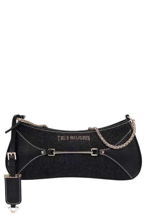 Zip Top Denim Shoulder Bag