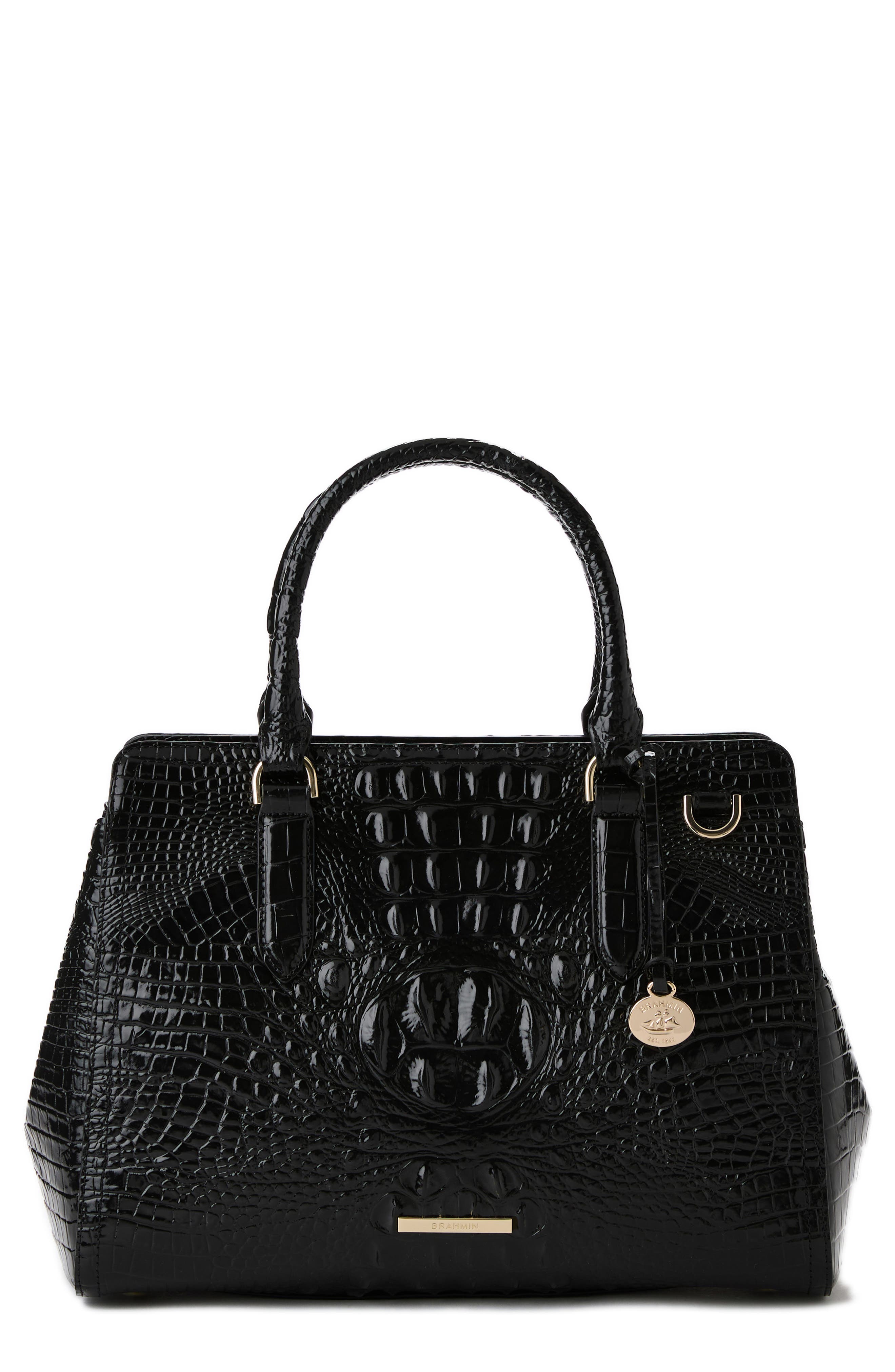 Brahmin Small Finley Croc Embossed Leather Satchel, Main, color, Black