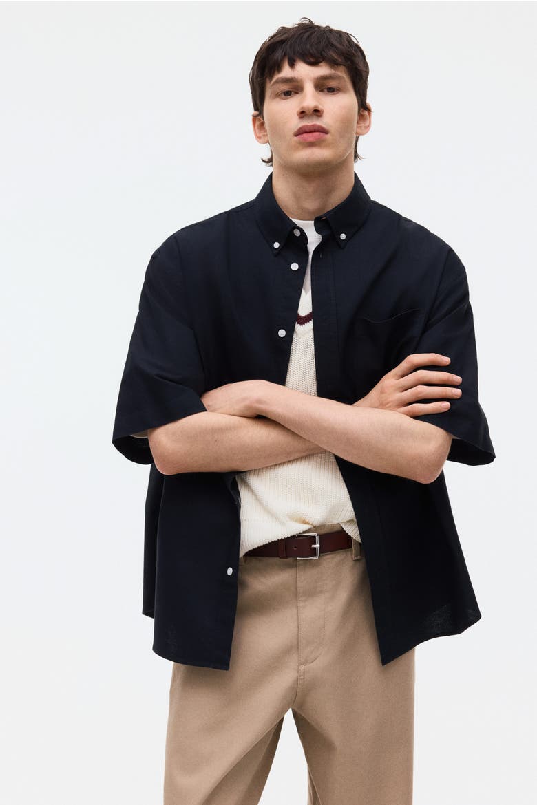 Relaxed Fit Short-sleeved Oxford Shirt, Alternate, color, Black