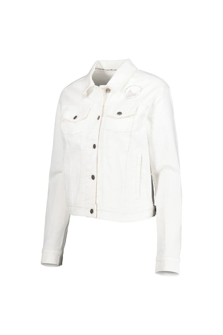 Women's Lusso White Golden State Warriors Swarovski Crystal & Distressed Button-Up Denim Jacket, Alternate, color, White