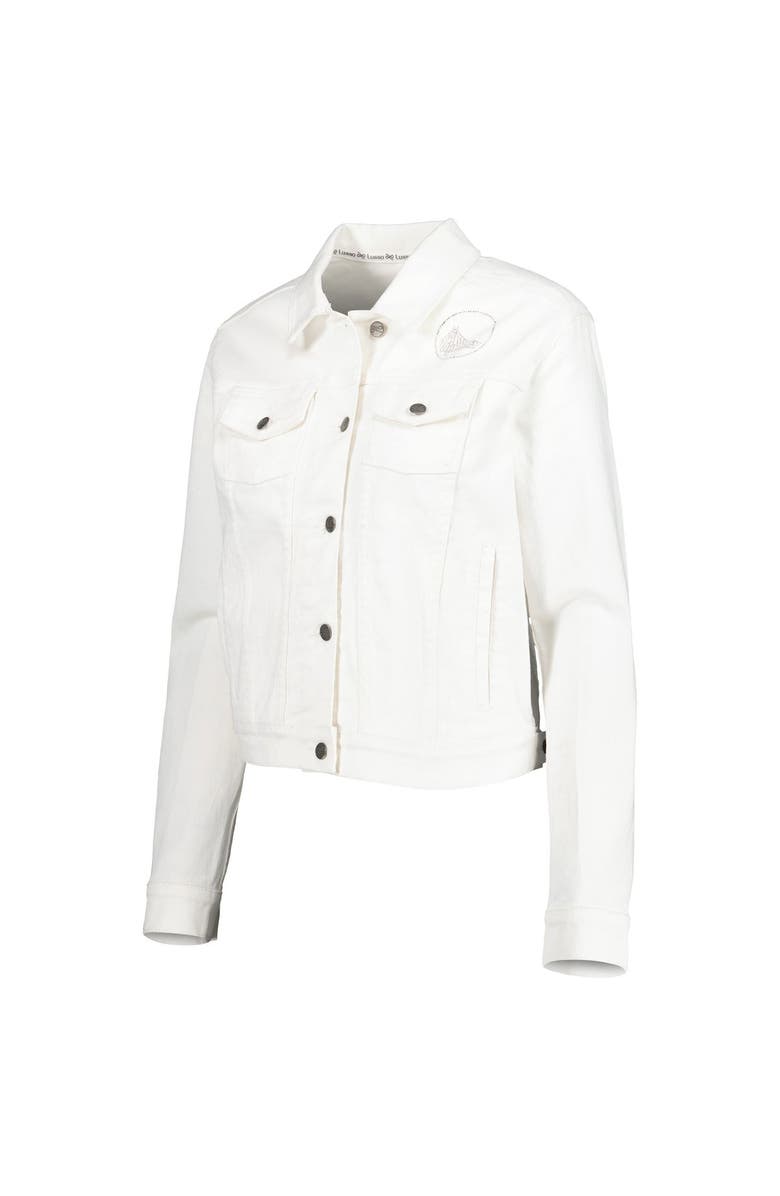 LUSSO Women's Lusso White Golden State Warriors Swarovski Crystal & Distressed Button-Up Denim Jacket, Alternate, color, White