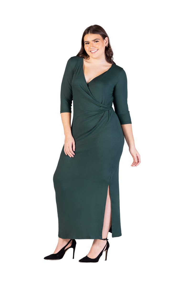 24seven Comfort Apparel 24seven Comfort Appare Fitted V-Neck Side Slit  Maxi Dress, Alternate, color, Hunter