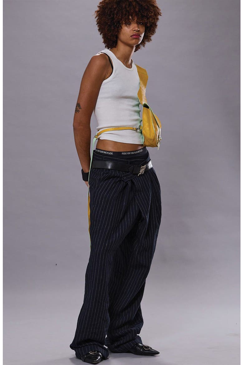 Triple Pleated Crossover Linen Pants, Alternate, color, DARK NAVY STRIPE BLUE