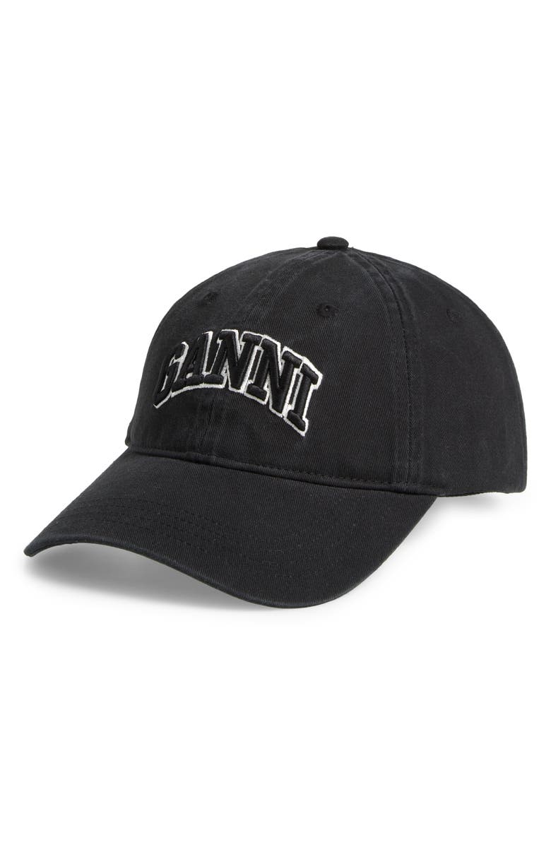 Ganni Washed Cotton Canvas Baseball Cap, Main, color, Black