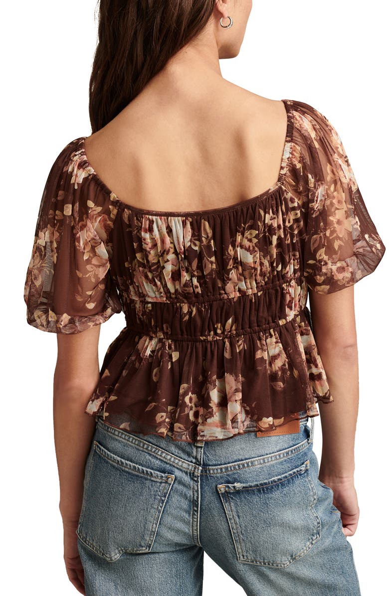 Lucky Brand Print Smocked Mesh Top, Alternate, color, Brown Floral