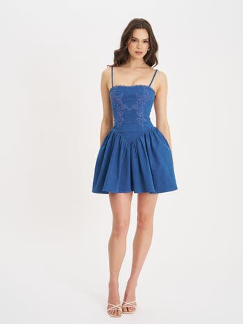 Zafira Cotton Denim Drop Waist Corset Mini Dress