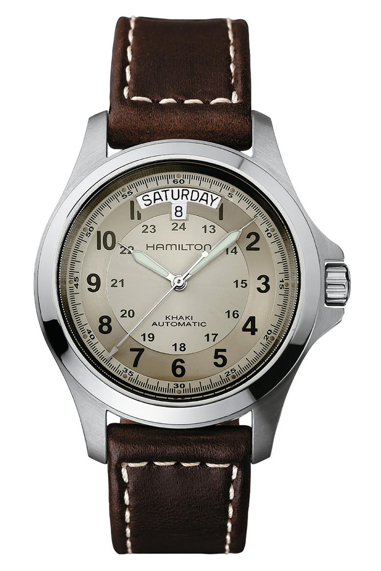 Khaki Field King Automatic Leather Strap Watch, 40mm, Main, color, NO COLOR