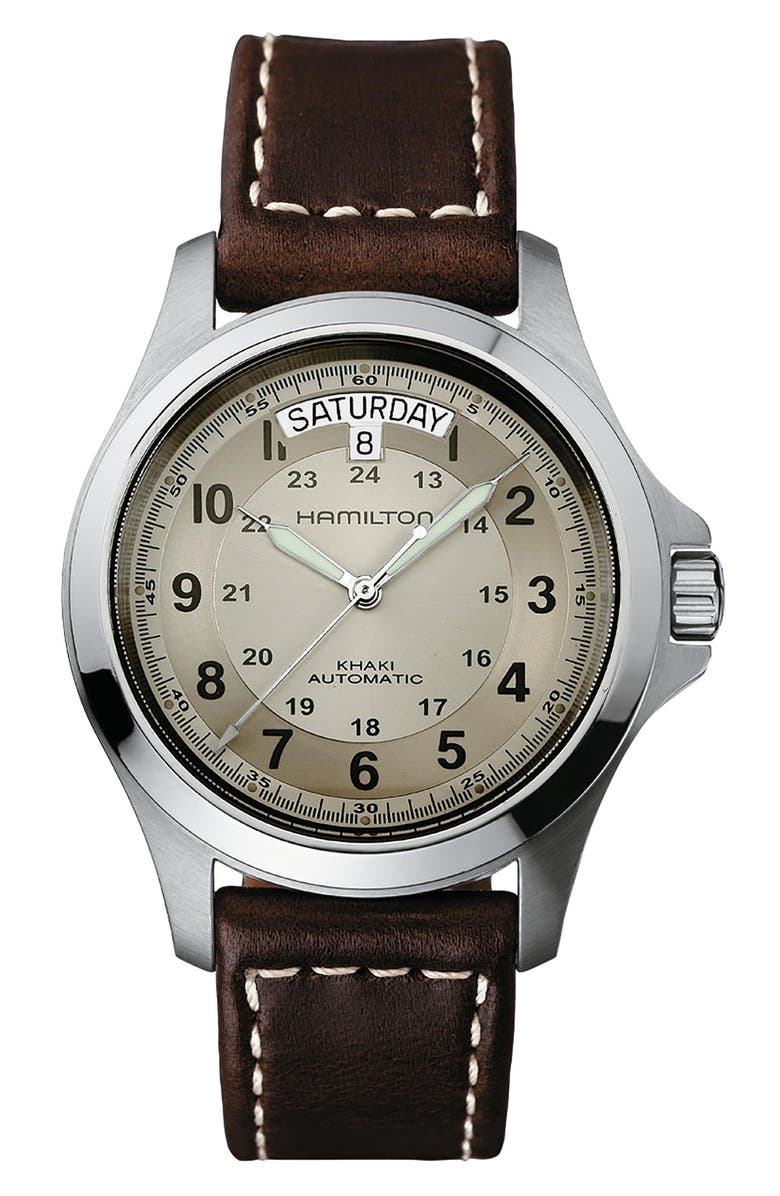 Hamilton Khaki Field King Automatic Leather Strap Watch, 40mm, Main, color, Brown/ Beige/ Silver
