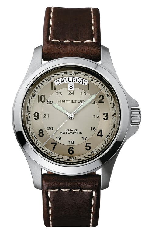 Hamilton Khaki Field King Automatic Leather Strap Watch, 40mm In Brown/beige/silver