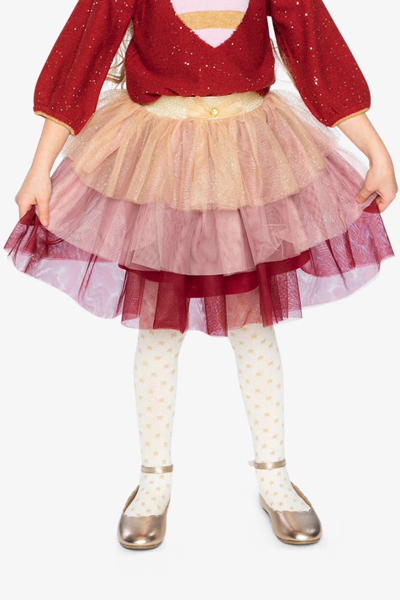 Multi Layer Glittering Mesh Bow Waist Tiered Skirt, Alternate, color, Red, Pink and Beige Stripe