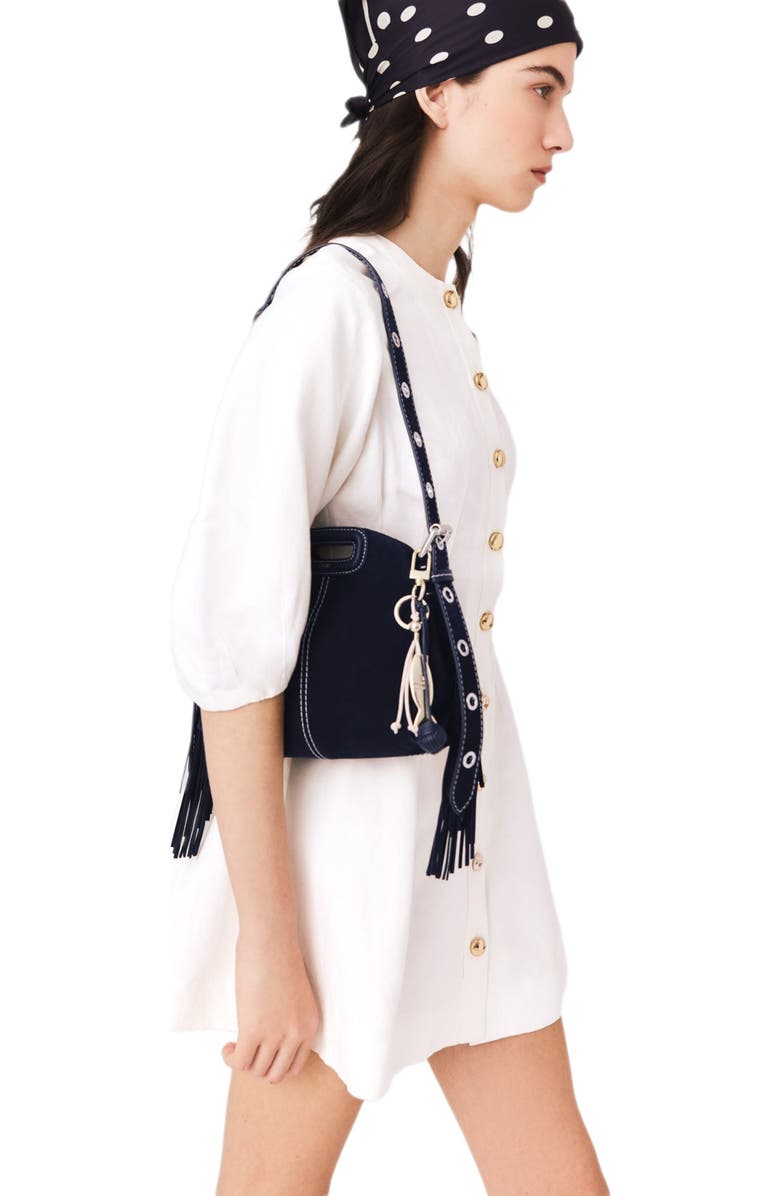 maje Topstitched suede mini Miss M bag, Alternate, color, Marine Blue