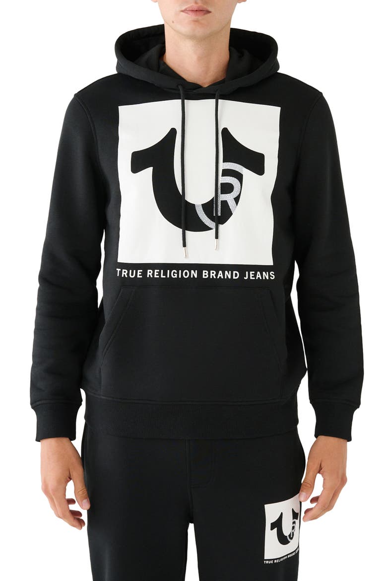 Studded Logo Pullover Hoodie, Main, color, JET BLACK