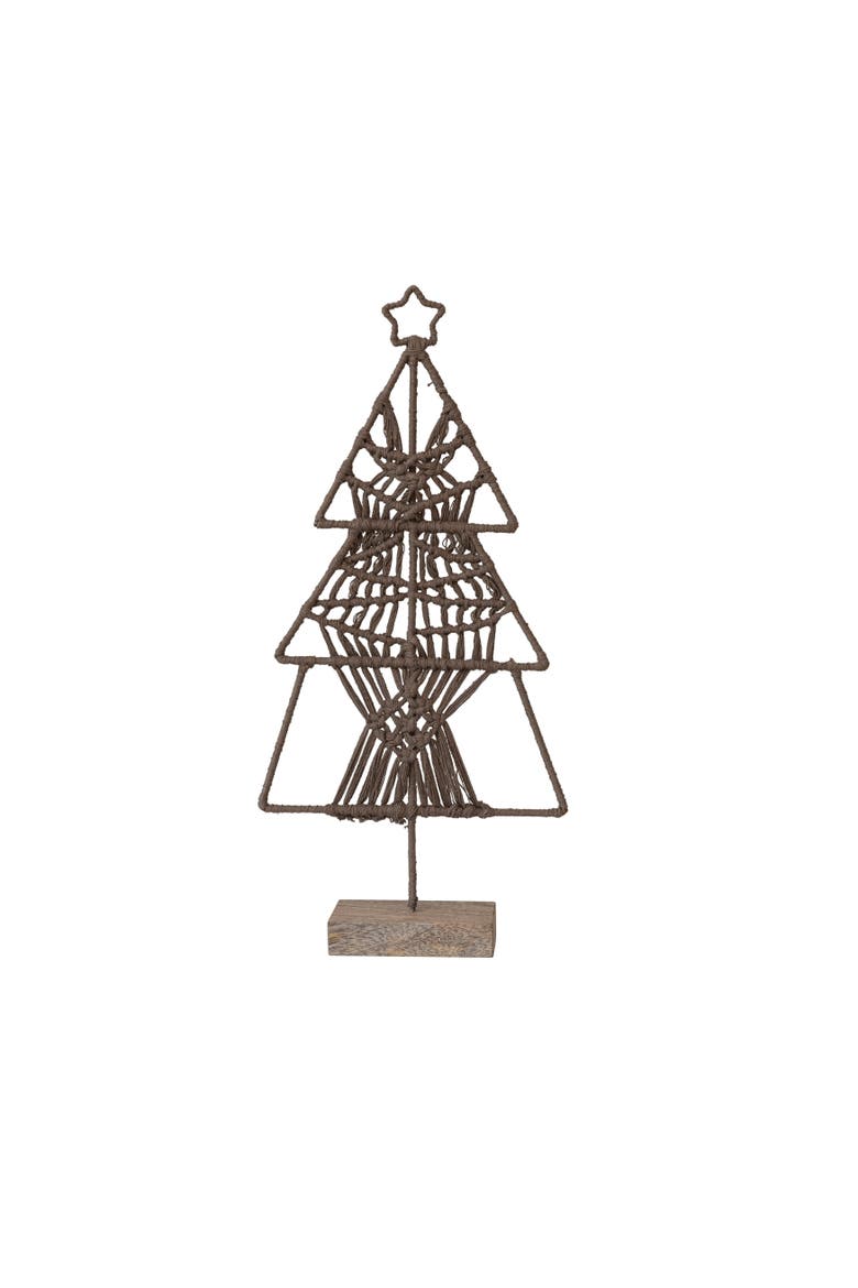 Cotton Thread and Metal Tree with Star and Mango Wood Base, Brown, Main, color, Brown