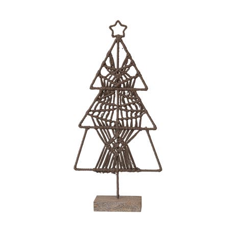 Cotton Thread and Metal Tree with Star and Mango Wood Base, Brown