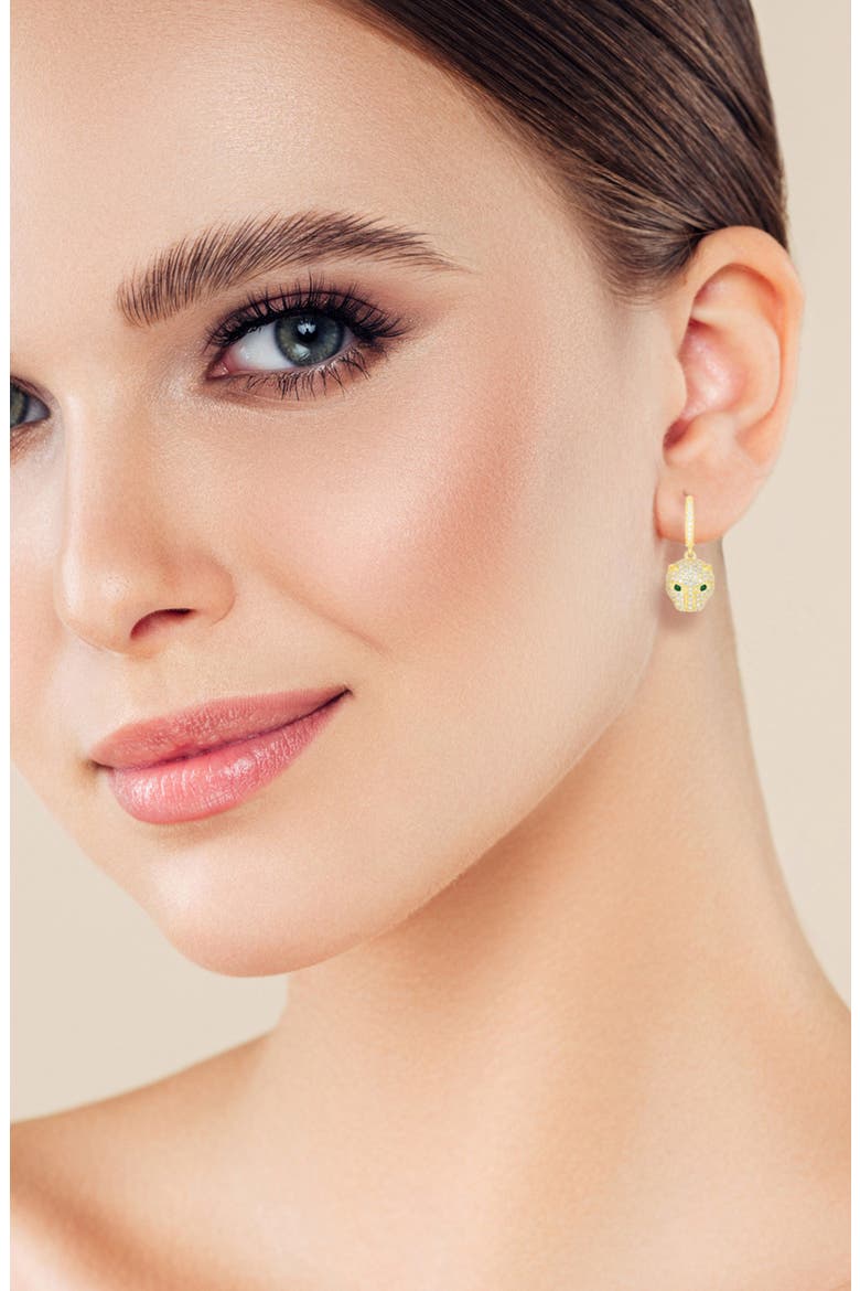 Pavé Cubic Zirconia Panther Drop Huggie Hoop Earrings, Alternate, color, GOLD
