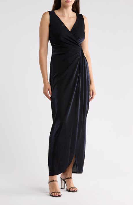 Sleeveless Metallic Shimmer Faux Wrap Maxi Dress
