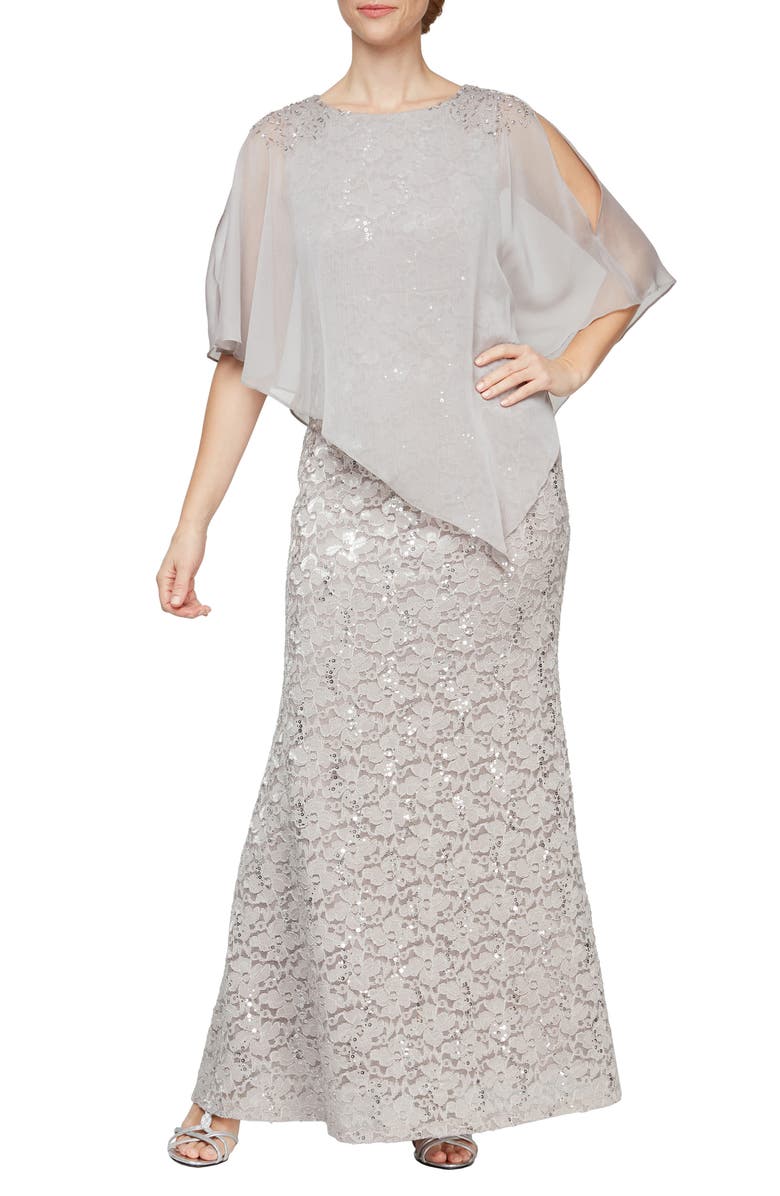 SL FASHIONS Beaded Lace & Chiffon Capelet Gown, Main, color,