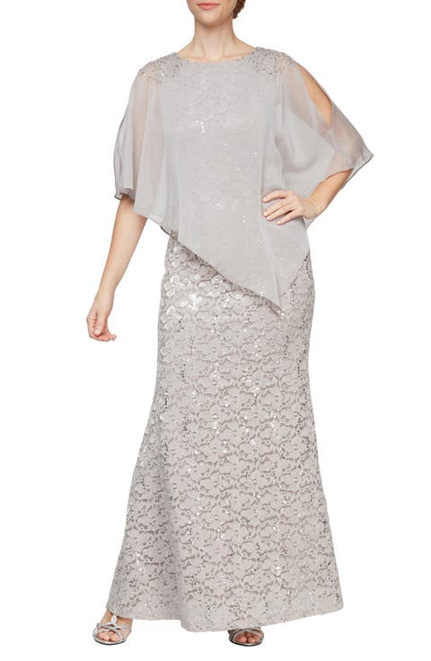 Beaded Lace & Chiffon Capelet Gown