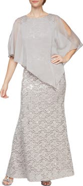 SL FASHIONS Beaded Lace & Chiffon Capelet Gown