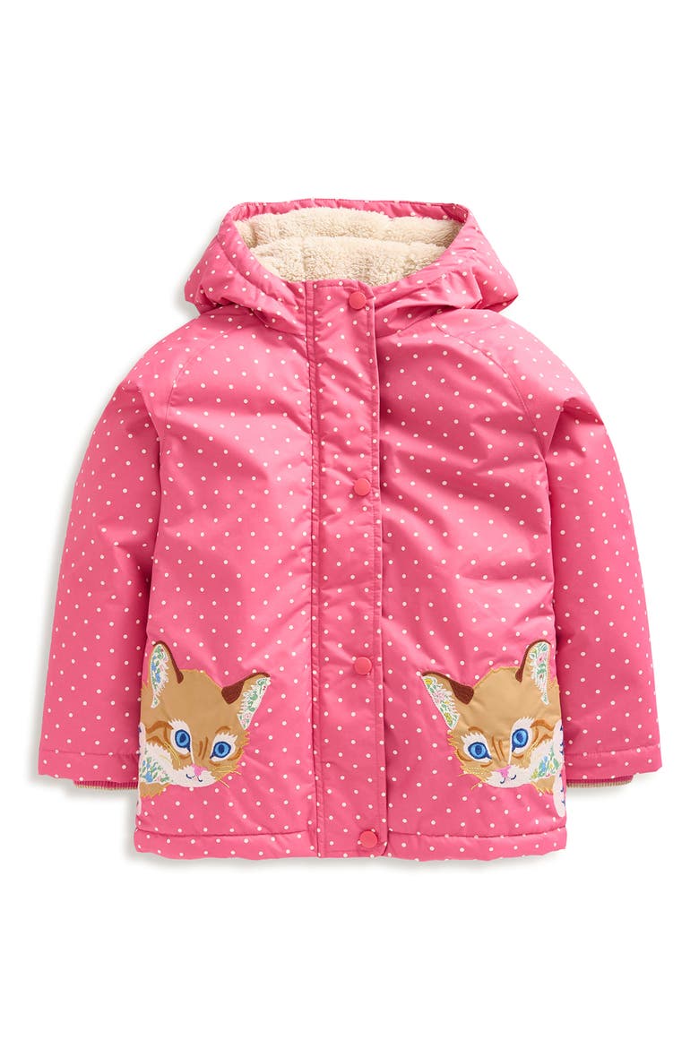 Kids' Polka Dot Kitty Appliqué Zip-Up Hooded Puffer Jacket, Main, color, PINK PEEKING CATS