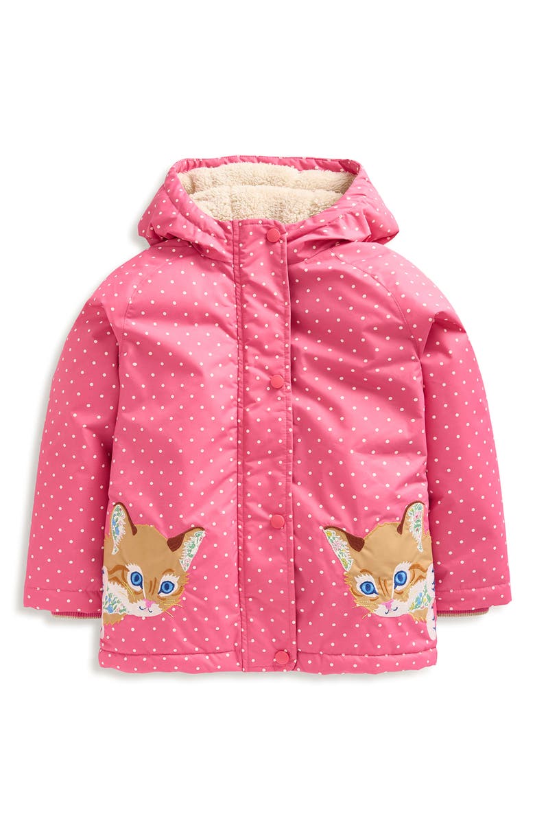 Mini Boden Kids' Polka Dot Kitty Appliqué Zip-Up Hooded Puffer Jacket, Main, color, 