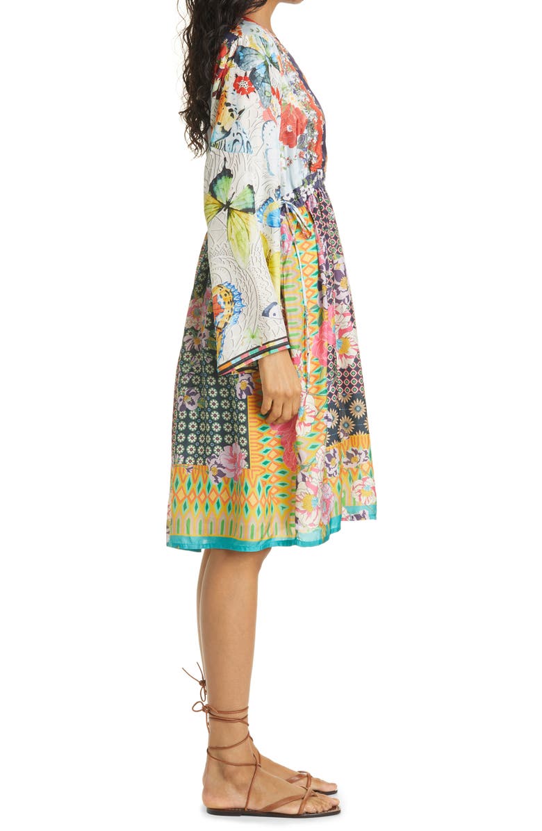 Johnny Was Mixed Print Long Sleeve Silk Babydoll Dress, Alternate, color,
