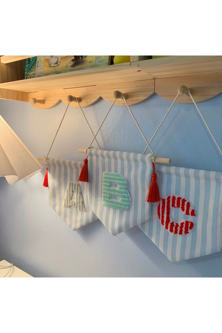 A B C' Blue Striped Create-Your-Own Banner with Red Tassels and Chenille Letter Patch, Alternate, color, A