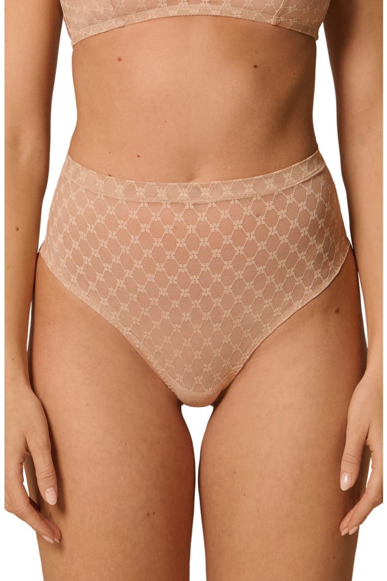 Plume Embroidered High Waist Shaping Thong, Main, color, PEAU ROSE