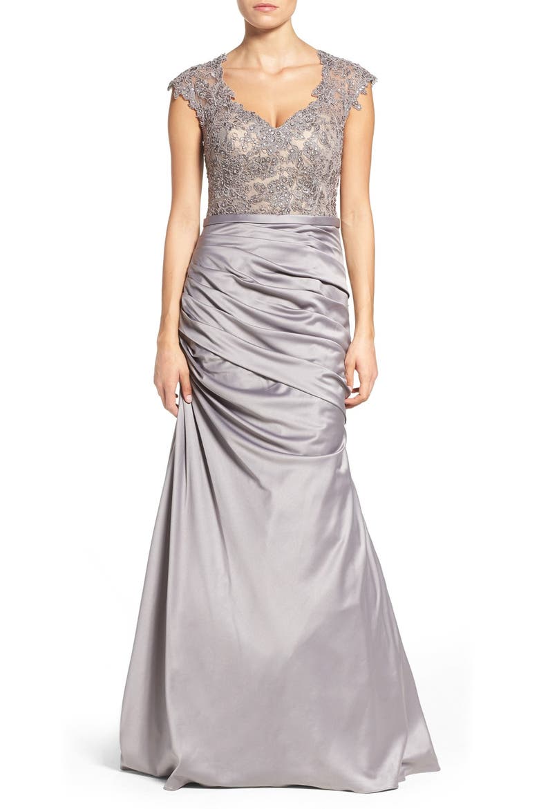 Embellished Lace & Satin Trumpet Gown, Main, color, SILVER